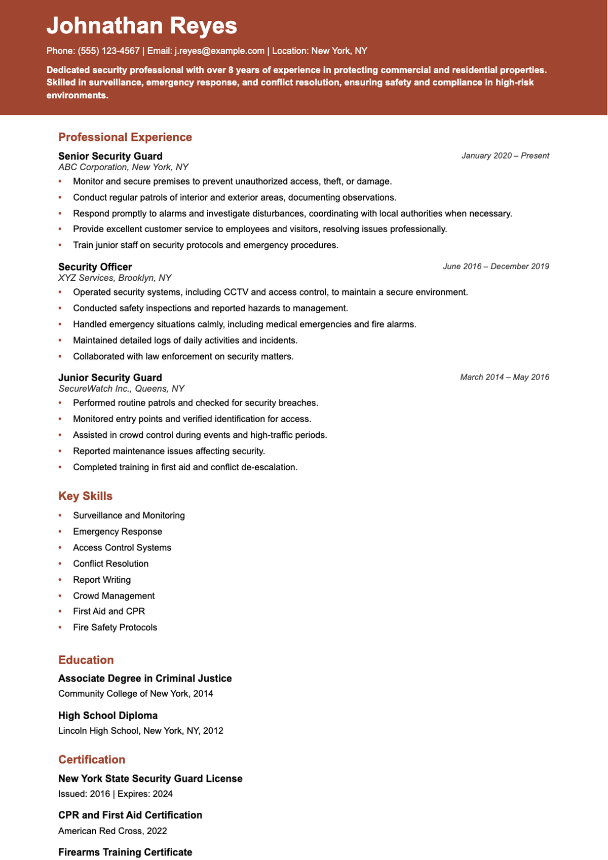 Professional security officer resume with red header and key skills section_variant_1